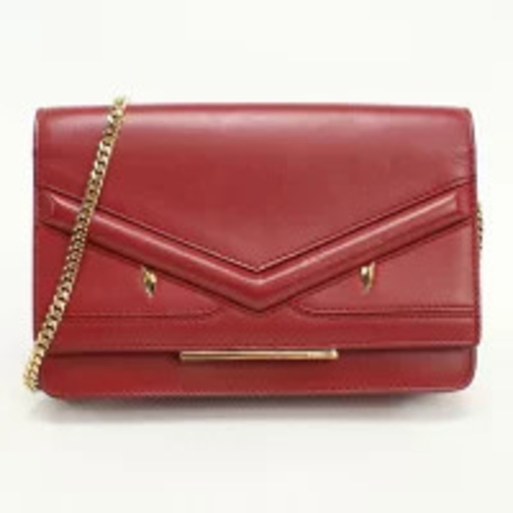 Fendi Chain Wallet Compact Bugs Monster Eye Leather Red